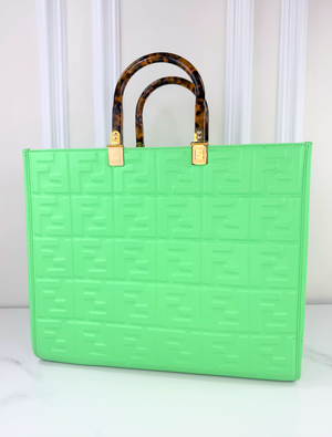 FENDI SUNSHINE SHOPPER TOTE LIMITED EDITION EMBOSSED NEON MINT GREEN