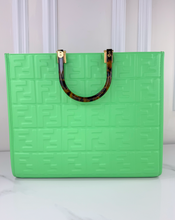 FENDI SUNSHINE SHOPPER TOTE LIMITED EDITION EMBOSSED NEON MINT GREEN