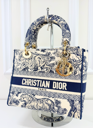 DIOR LADY D-LITE MEDIUM EMBROIDERED TOILE DE JOUY IN NAVY AND WHITE