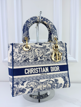 DIOR LADY D-LITE MEDIUM EMBROIDERED TOILE DE JOUY IN NAVY AND WHITE