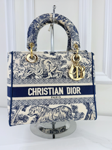 DIOR LADY D-LITE MEDIUM EMBROIDERED TOILE DE JOUY IN NAVY AND WHITE