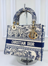 DIOR LADY D-LITE MEDIUM EMBROIDERED TOILE DE JOUY IN NAVY AND WHITE