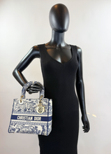 DIOR LADY D-LITE MEDIUM EMBROIDERED TOILE DE JOUY IN NAVY AND WHITE
