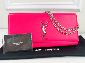 YSL CLASSIC CASSANDRE CLUTCH / ON CHAIN HOT PINK & SILVER HARDWARE