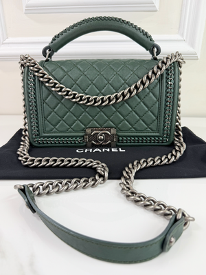 CHANEL BOY MEDIUM TOP HANDLE IN DEEP GREEN