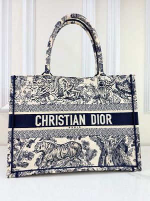 DIOR BOOK TOTE EMBROIDERED MEDIUM ECRU AND BLUE TOILE DE JOUY