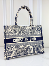 DIOR BOOK TOTE EMBROIDERED MEDIUM ECRU AND BLUE TOILE DE JOUY