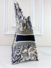 DIOR BOOK TOTE EMBROIDERED MEDIUM ECRU AND BLUE TOILE DE JOUY