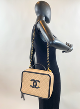 CHANEL LARGE CAVIAR QUILTED CC FILIGREE VANITY CASE IN BEIGE AND BLACK
