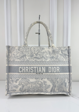 DIOR BOOK TOTE EMBROIDERED MEDIUM ECRU AND GREY TOILE DE JOUY
