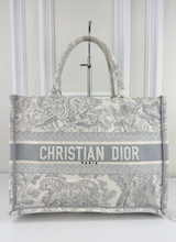 DIOR BOOK TOTE EMBROIDERED MEDIUM ECRU AND GREY TOILE DE JOUY