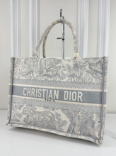 DIOR BOOK TOTE EMBROIDERED MEDIUM ECRU AND GREY TOILE DE JOUY