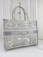 DIOR BOOK TOTE EMBROIDERED MEDIUM ECRU AND GREY TOILE DE JOUY
