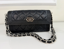 CHANEL BOY QUILTED FLAP  LAMBSKIN WALLET / WOC IN BLACK AND SILVER