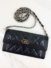 CHANEL BOY QUILTED FLAP  LAMBSKIN WALLET / WOC IN BLACK AND SILVER