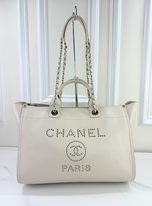 CHANEL LARGE STUDDED DEAUVILLE TOTE CAVIAR  IVORY