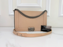 CHANEL BOY FLAP LARGE CHEVRON CALFSKIN IN BEIGE