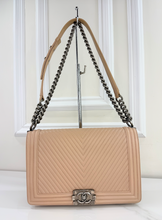 CHANEL BOY FLAP LARGE CHEVRON CALFSKIN IN BEIGE