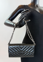 CHANEL CHEVRON QUILTED CLASIC FLAP WALLET / WOC IN BLACK AND SILVER PATENT METALLIC
