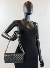 CHANEL CHEVRON QUILTED CLASIC FLAP WALLET / WOC IN BLACK AND SILVER PATENT METALLIC